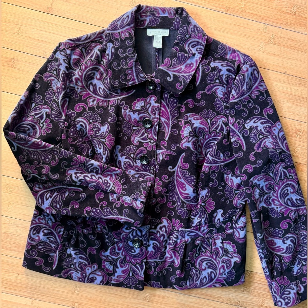 Paisley Textured Cotton Jacket Plum Purple Cropped Blazer